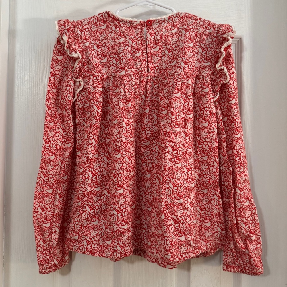 Mini Boden Girl Red Smocked Floral Ruffled Long Sleeve Top - Picture 7 of 9